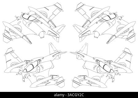 A drawing of four Combat airplanes in a row. The planes are all same sizes and shapes. The drawing is in black and white. Isometric view Stock Vector