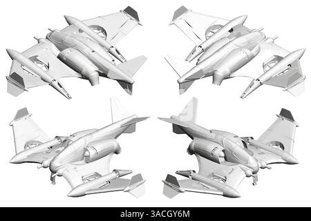 Four white airplanes are shown in a row, each with a same design. The planes are all similar in size and shape, but each has a unique pattern on the s Stock Vector