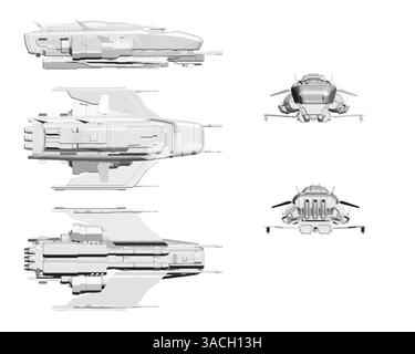 A white space ship with a blue stripe on the side. The ship is shown from the side, top, and bottom Stock Vector