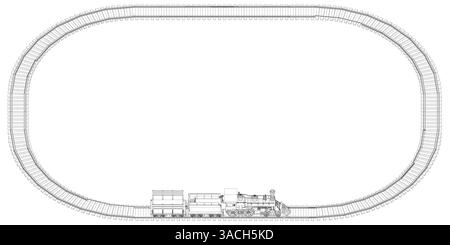 A train track is shown in a black and white drawing. The track is oval in shape and has a train on it. The train is positioned in the middle of the tr Stock Vector