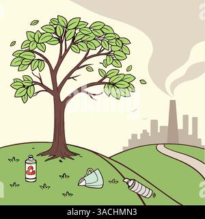 Drawing showing the damage environmental pollution causes to our world's natural life Stock Vector