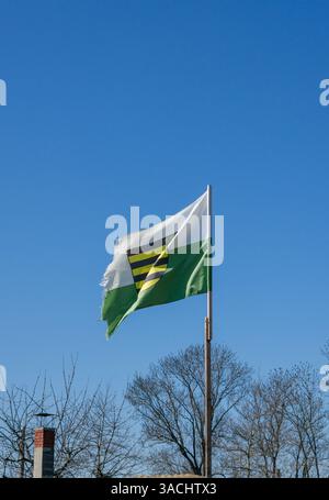 East german Saxony flag in the Wind on blue sky vertical Stock Photo