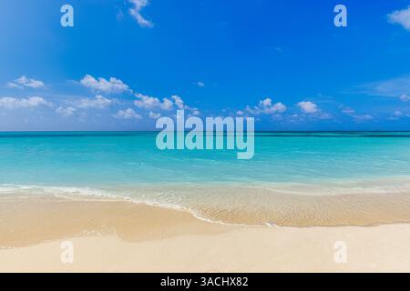 Beautiful sandy beach with white sand and closeup calm wave of turquoise ocean. Sunny day on background white clouds in blue sky. Island in Maldives Stock Photo