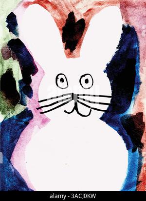 Abstract watercolor painting of a white rabbit with minimalist features and dark background Stock Vector