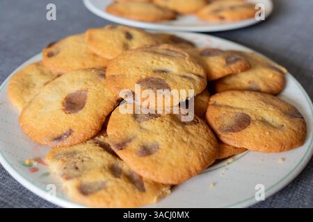 Home made chocolate chip cookies on a plate Stock Photo