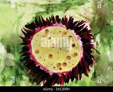 A hand-painted watercolor illustration of a stylized flower against a blurred green background Stock Vector