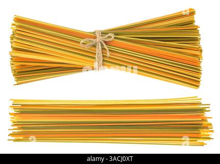 Colorful spaghetti tricolore pasta isolated on white background. Top view. Flat lay. Stock Photo