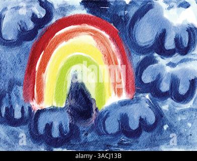A whimsical watercolor illustration of a colorful rainbow arching across a cloudy blue sky Stock Vector