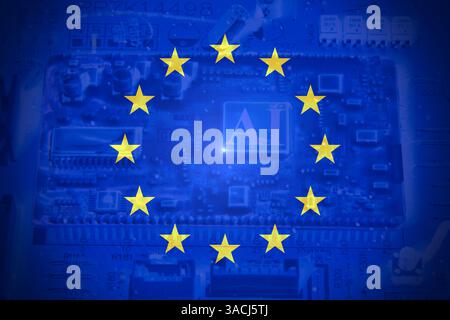 European flag motherboard with ai written on it. Concept AI (Artificial Intelligence) technology, chip IC on PCB, PCB circuit board, microprocessor. Stock Photo