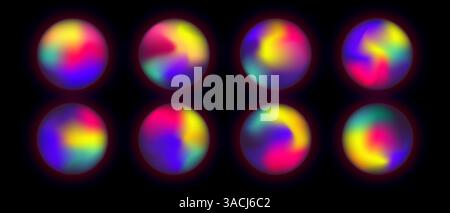 Set of bright holographic circles mesh gradient on black background, Vector illustration fluid liquid energy accumulation gradient ball Stock Vector