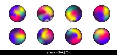 Set of bright holographic circles mesh gradient on white background, Vector illustration fluid liquid energy accumulation gradient ball Stock Vector