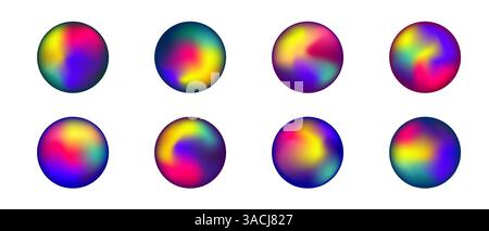 Set of bright holographic circles mesh gradient on white background, Vector illustration fluid liquid energy accumulation gradient ball Stock Vector