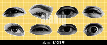 Eyes with halftone effect. y2k collage design. Vector elements in dotted pop art style Stock Vector