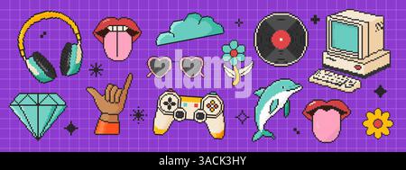 Pixel art retro y2k elements icon set in 8 bit style. Retro 80s,90s video game graphics. Headphones, lips, cloud, vinyl record, old computer Stock Vector
