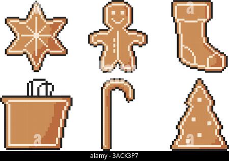 8 bit gingerbread icon set. Pixel art object. Old school vintage game graphic. Stock Vector