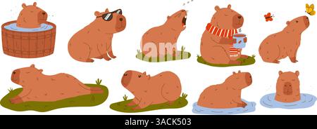 Cute capybaras in various poses. Set of rodent characters swimming in pond, relaxing, walking, sleeping, drinking coffee. Hand drawn vector Stock Vector