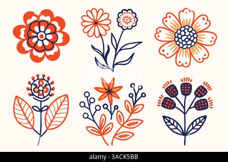 A collection of six stylized floral illustrations in orange and blue on a white background, featuring various flower designs with leaves and stems. Stock Vector