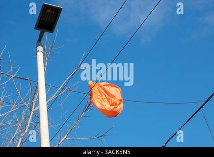 plastic carrier bag trapped in electric cables and street lamp Stock Photo