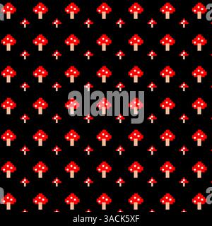 Seamless retro pixel art red mushrooms pattern on black background Stock Vector
