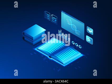 Education Technology: An open book with a window into teaching and learning, conveying the use of technology through digital media and online platform Stock Vector