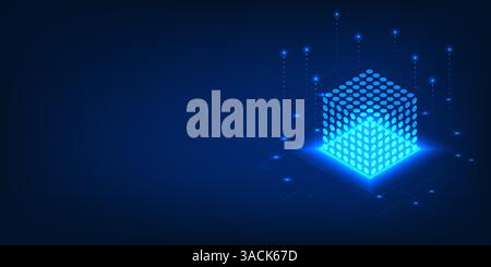 Quantum Computing Technology A light-filled dot box with lines of data that represent quantum computing, which uses the principles of quantum mechanic Stock Vector
