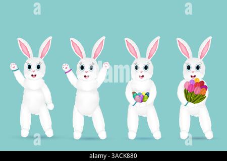 Set of four adorable white Easter bunny characters with big blue eyes, holding Easter eggs, tulips, and waving on a teal background. Stock Vector