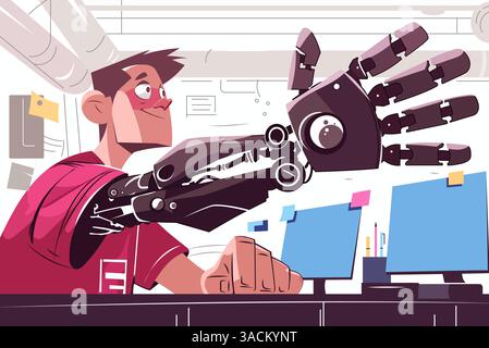 A young tech enthusiast works at a desk with a futuristic robotic arm. The vibrant vector illustration conveys innovation and creativity in a modern w Stock Vector