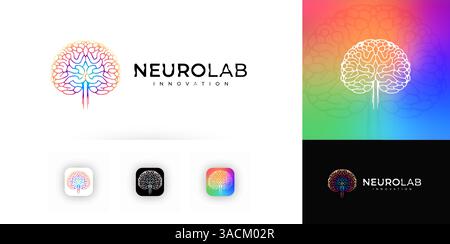 Gradient brain tree logo with neural pathways and spinal cord. Symbol of intelligence, science, innovation, technology. Abstract digital design for Stock Vector