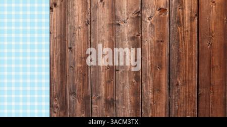 Rustic background with wood and stripes of a checkered tablecloth in light blue and white Stock Photo