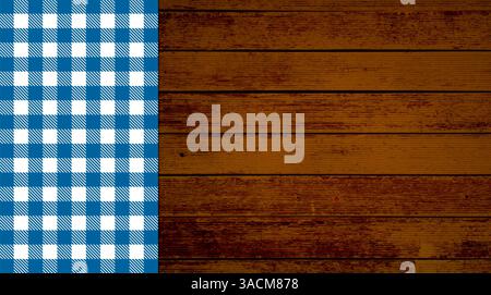Rustic retro background with old brown wood and blue and white checkered tablecloth Stock Photo