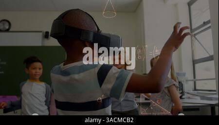 Image of mathematical equations over schoolchildren using vr headsets Stock Photo