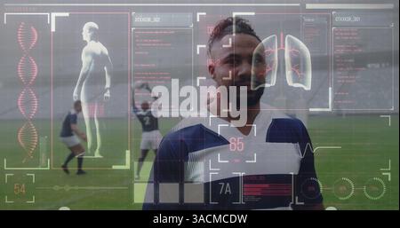 Image of digital interface with medical data processing over rugby players Stock Photo