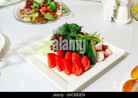 Assorted fresh vegetables including cucumbers, tomatoes, radishes, celery, and herbs served on a white platter for a healthy appetizer. Stock Photo