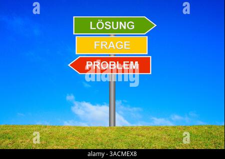 Signpost green yellow red on green meadow in front of blue sky shows problem question solution Stock Photo