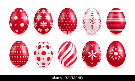 Set of red Easter eggs on white background. Red white geometric pattern on red white eggs, Stock Vector