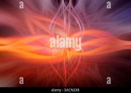 Abstract colorful & vibrant background made of bright waving and swirling light trail patterns or glowing fibers. Futuristic & psychedelic background. Stock Photo