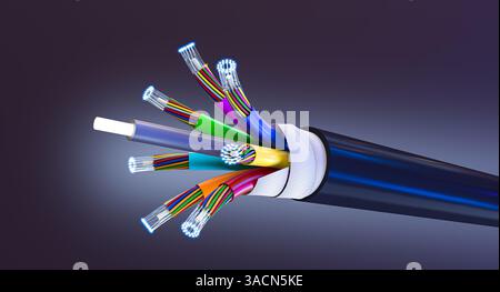 Fiber optic cable transmitting data glowing ends 3d Stock Photo