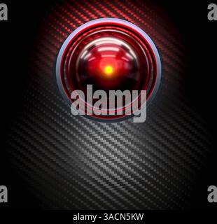 Red Hal eye is glowing on dark carbon fiber background 3d Stock Photo