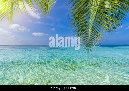 Sea view with palm leaves framing the horizon, gentle waves, blue sky sunlight, creating a serene and tropical escape. Perfect sunny wallpaper Stock Photo