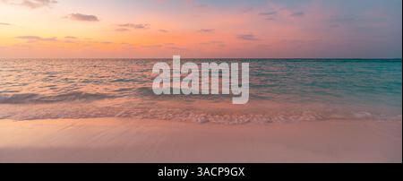 Inspiration nature landscape, sea sky sunset on beach. Calm waves on sand, relax tranquil panoramic shore. Beautiful sunlight, horizon summer vacation Stock Photo