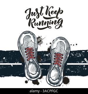 Running sneakers with red shoelaces on road, top view vector sketch illustration. Sports shoe icons and calligraphy lettering. Hand drawn design eleme Stock Vector