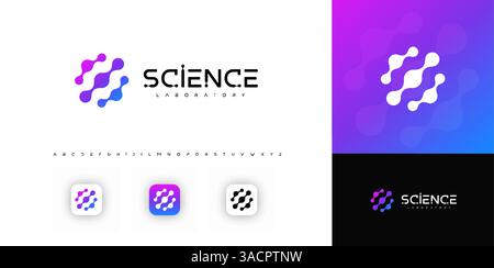 Molecule science symbol with gradient color, futuristic font, evokes innovation, connection, progress. Ideal for tech, research, science branding Stock Vector