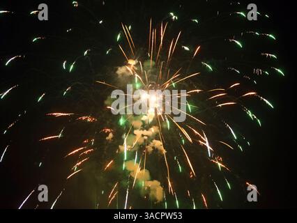 Bright and colorful fireworks exploding against the dark night sky, creating a festive atmosphere Stock Photo