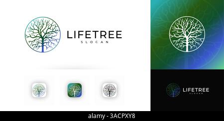 Tree silhouette within circle. Life symbol, growth concept. Minimalist line art, organic design. Environmental, health applications. Vector logo. Stock Vector