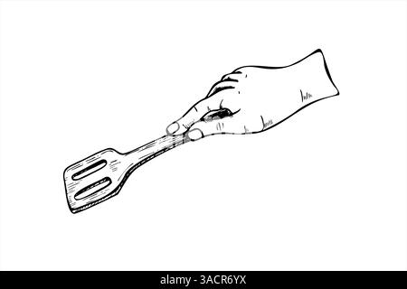 Hand holding slotted plastic or wooden spatula vector illustration. Kitchen utensil etching drawing. Handcrafted cooking tool for cooking tutorials Stock Vector