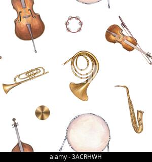 Watercolor percussion, string and wind instruments, musical notes, red ...
