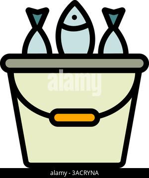 Fish in bucket icon. Fishing symbol. Full bucket of fish sign on white background, simple style icon for mobile or web design Stock Vector