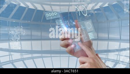 In school, person using futuristic transparent smartphone with holographic interface Stock Photo