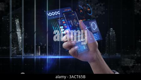 Interacting with holographic interface, hand displaying digital data and graphs Stock Photo