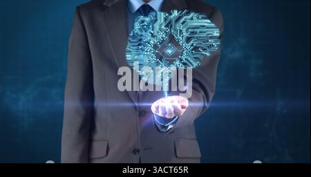 Holding digital brain hologram, businessman showcasing artificial intelligence technology concept Stock Photo